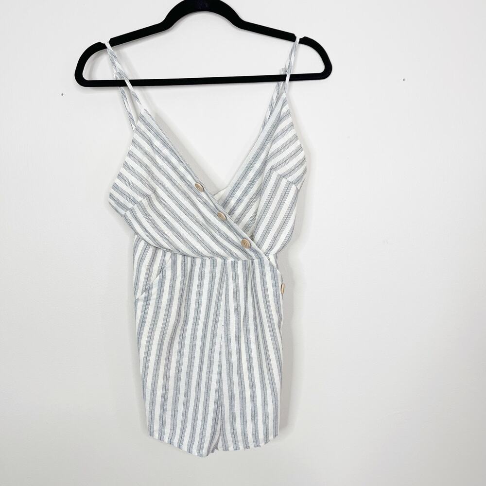 Lunik Small S Blue Cream Striped Button Detail Romper Cotton Blend VNeck Pockets